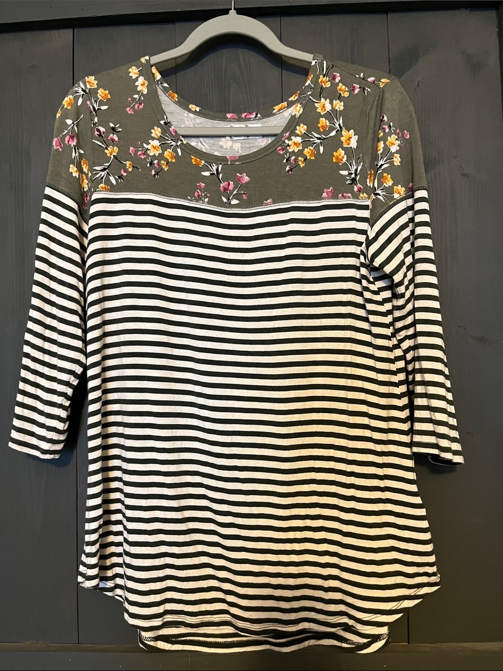 Olive Floral Yoke Striped Long Sleeve Tee